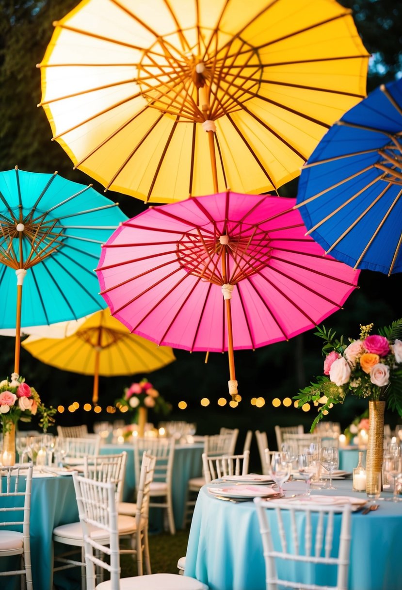 Colorful parasols arranged on tables with floral centerpieces, adding a festive touch to a wedding reception