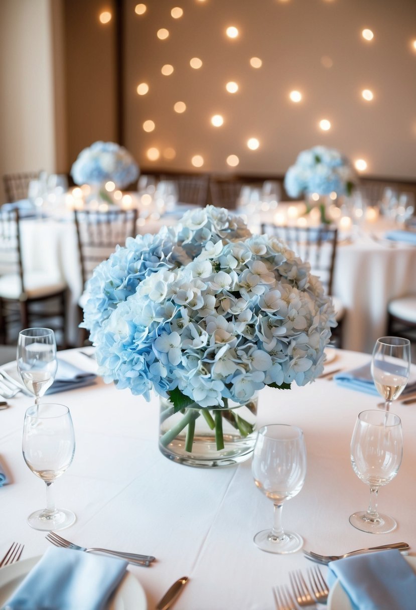 A table adorned with light blue hydrangea centerpieces, creating a serene and elegant atmosphere for a wedding reception