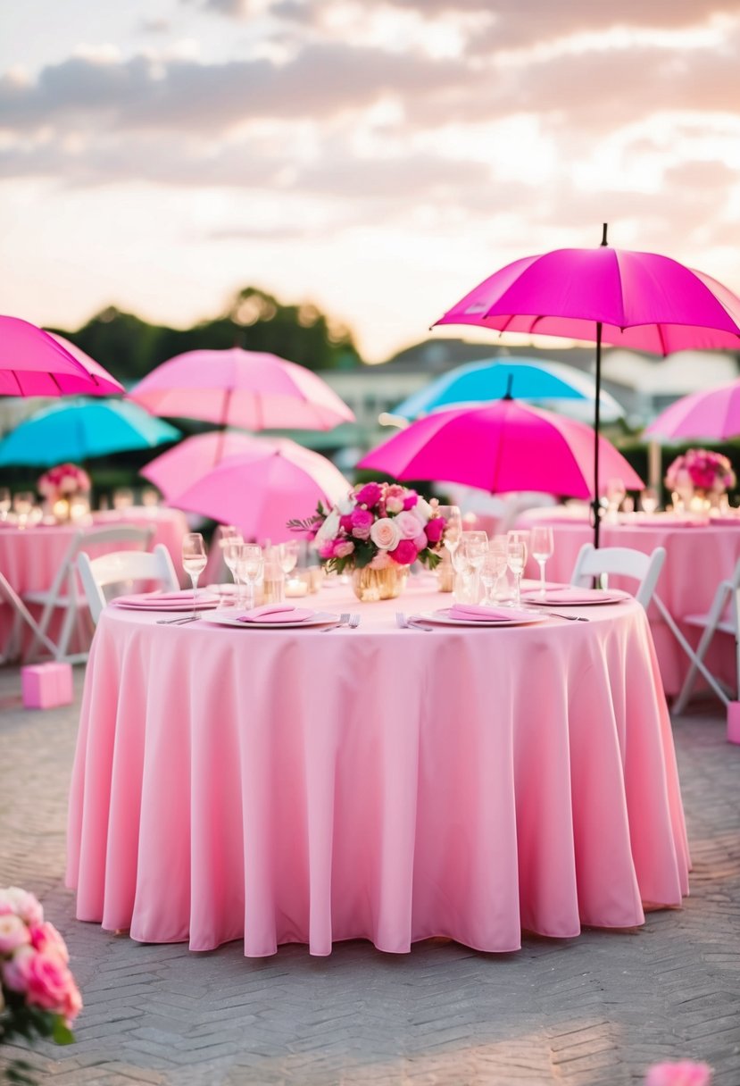 A pink-themed wedding table with umbrella accents: pink tablecloth, pink floral centerpieces, and small decorative umbrellas scattered around the table