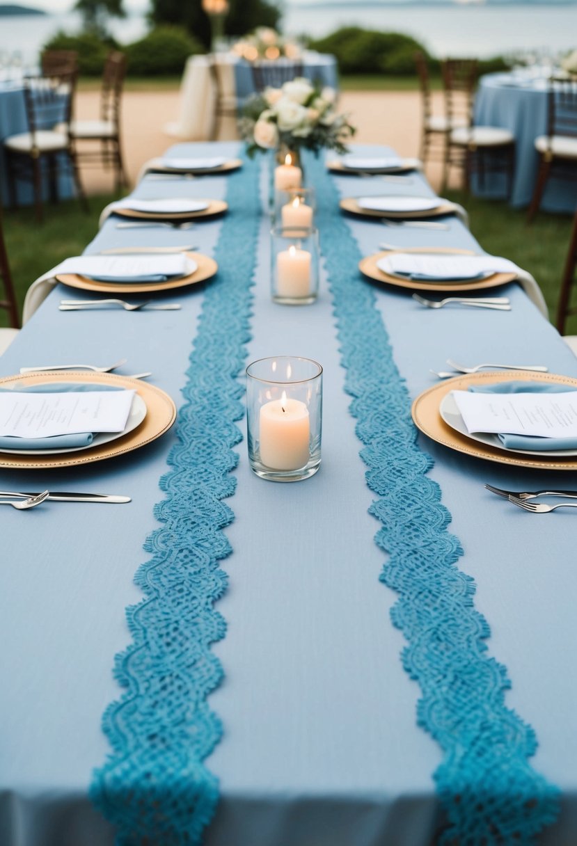 Dusty blue table runners with lace trims adorn light blue wedding tables