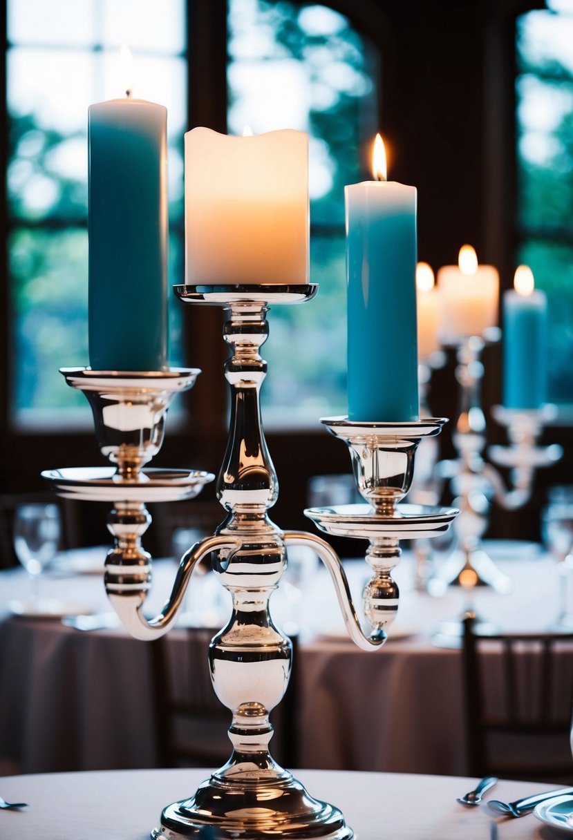 Silver candle holders hold light blue candles on a wedding table