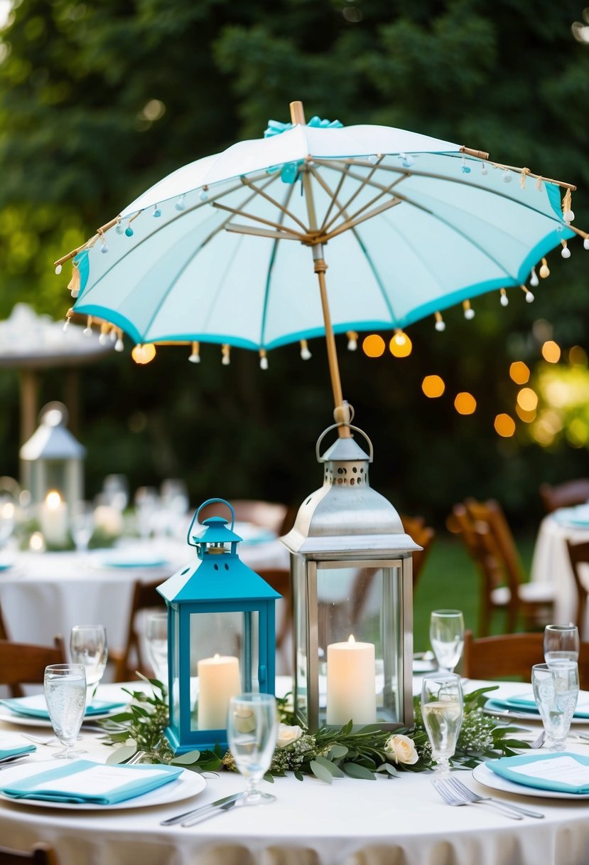 A whimsical umbrella and lantern combo adorns a wedding table, adding a touch of charm and elegance to the decor