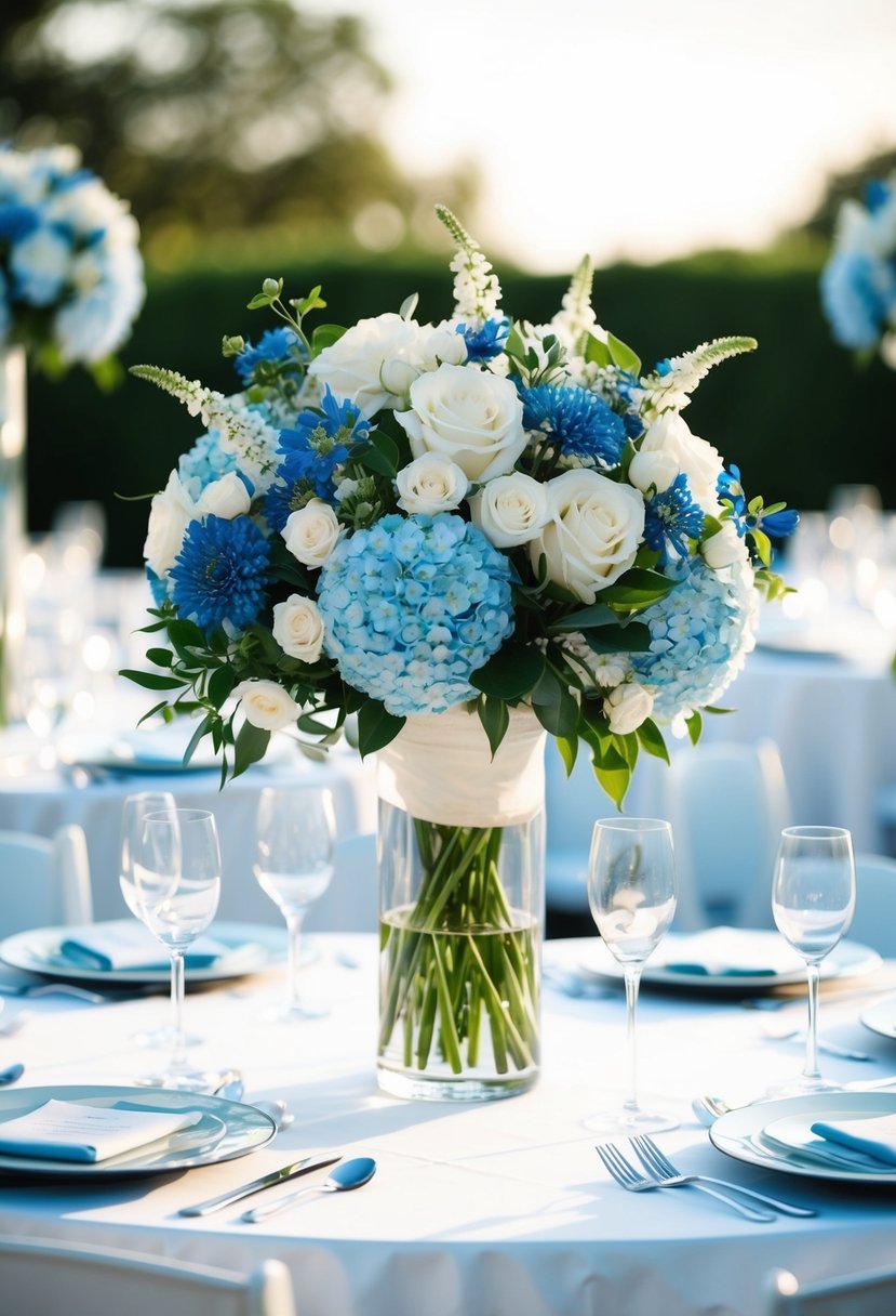 Light blue and white floral centerpieces adorn wedding tables