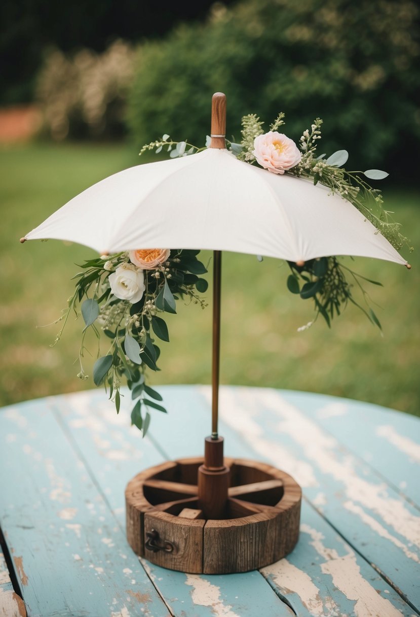 A rustic wooden umbrella holder sits on a weathered table, adorned with delicate flowers and greenery, creating a charming wedding decoration