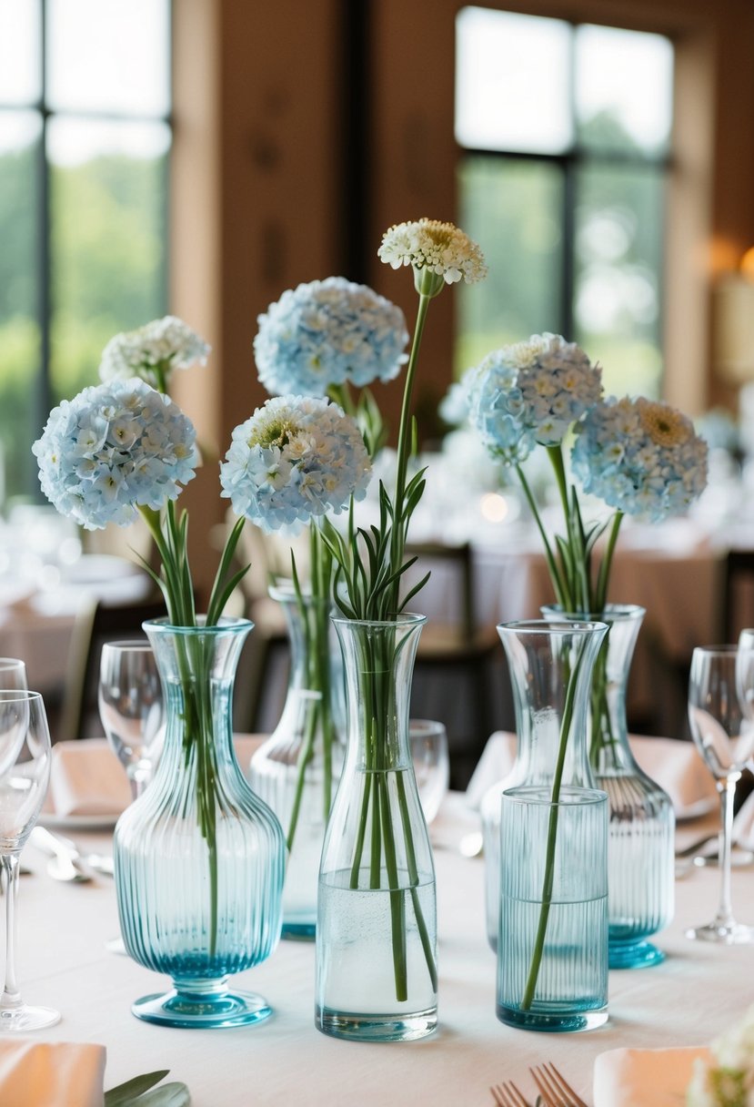 A collection of vintage clear glass vases filled with delicate light blue flowers, arranged as centerpieces on a wedding reception table