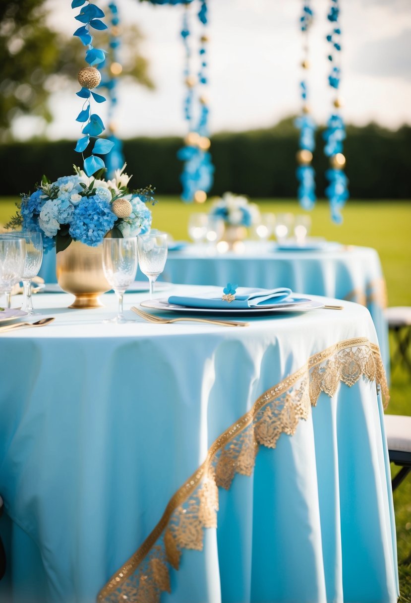 A light blue tablecloth adorned with gold accents, set on a table with delicate blue and gold decorations for a wedding celebration