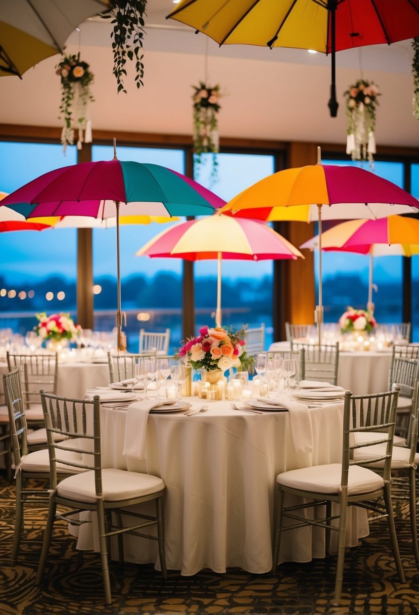 An elegant bridal table adorned with colorful umbrellas as centerpieces and hanging decorations