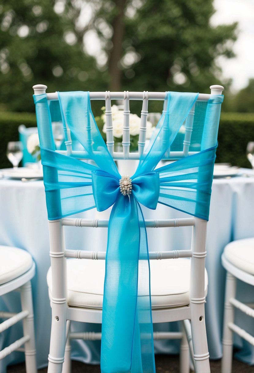 Light blue organza sashes draped over white wedding chairs, with matching table decorations