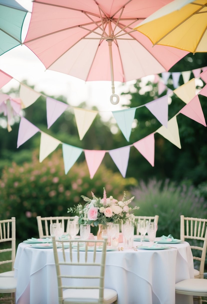 A table adorned with pastel umbrella bunting, creating a whimsical and charming wedding decoration