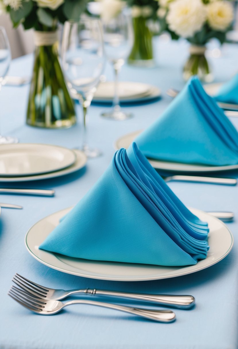 Light blue napkins folded neatly beside silver cutlery on a light blue tablecloth, creating a serene and elegant wedding table setting