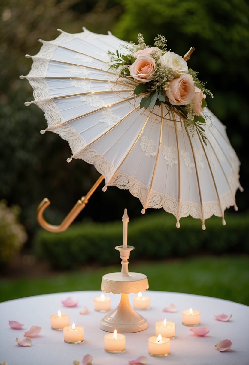 A vintage parasol adorned with lace and flowers sits atop a wedding table, surrounded by delicate tea lights and scattered rose petals