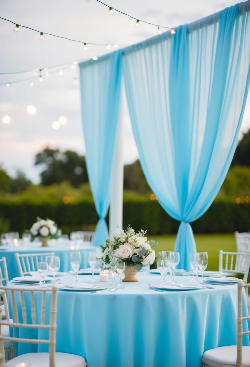 Light blue cheesecloth drapes elegantly on a wedding table, creating a delicate and romantic atmosphere