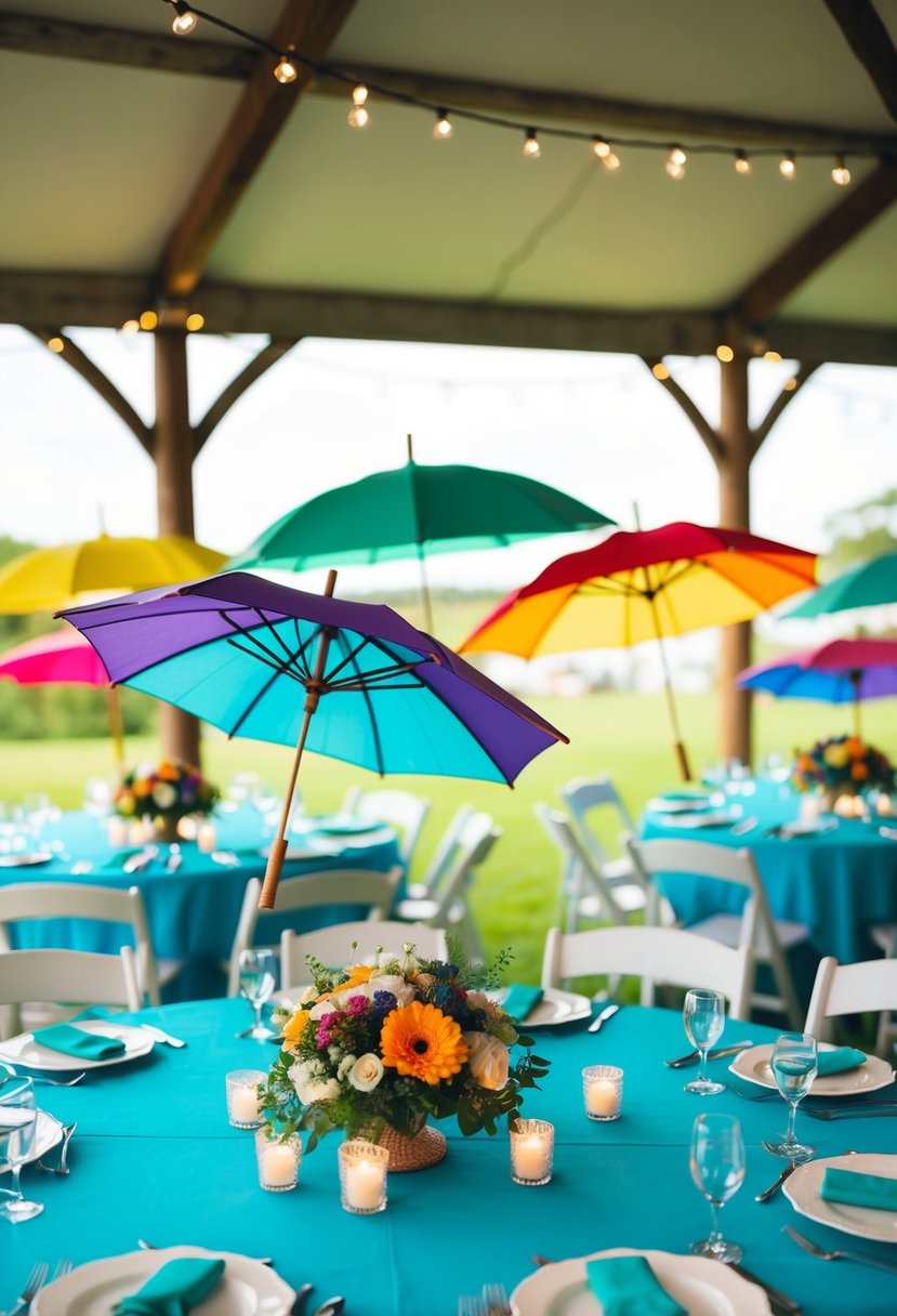 Colorful handmade umbrella centerpieces arranged on wedding tables