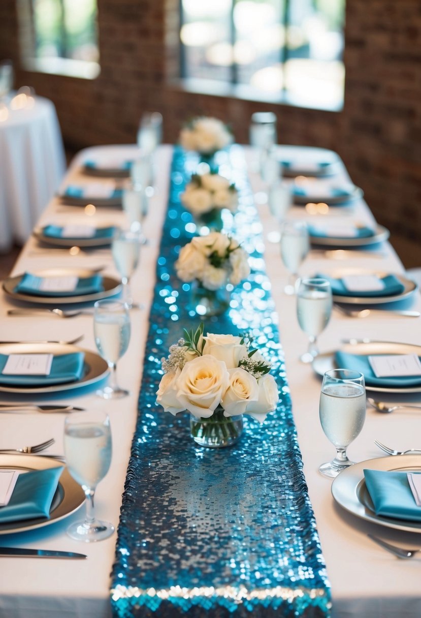 Light blue and silver sequin table runners shimmer on a wedding reception table