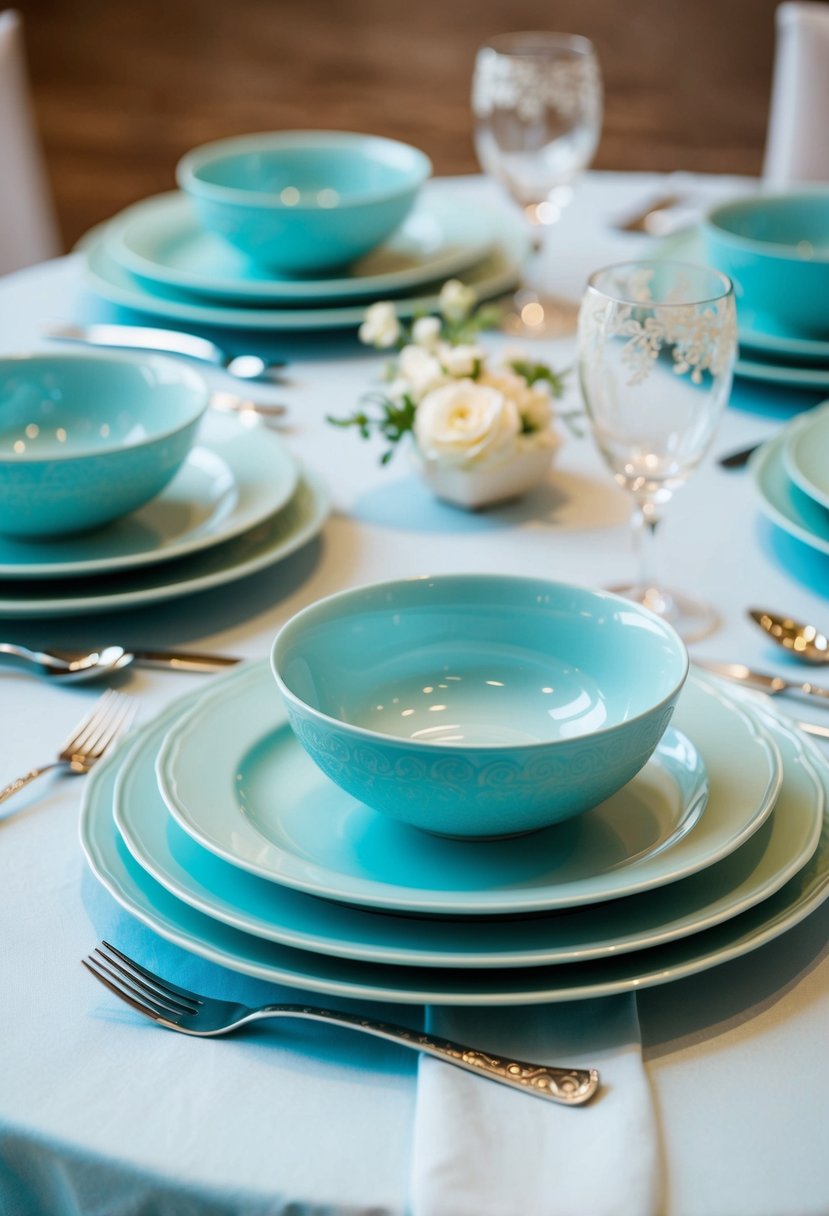 A pastel blue dishware set arranged on a light blue wedding table with delicate decorations