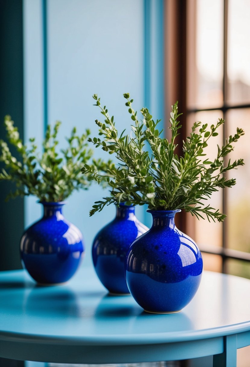 Blue bud vases with greenery on light blue table