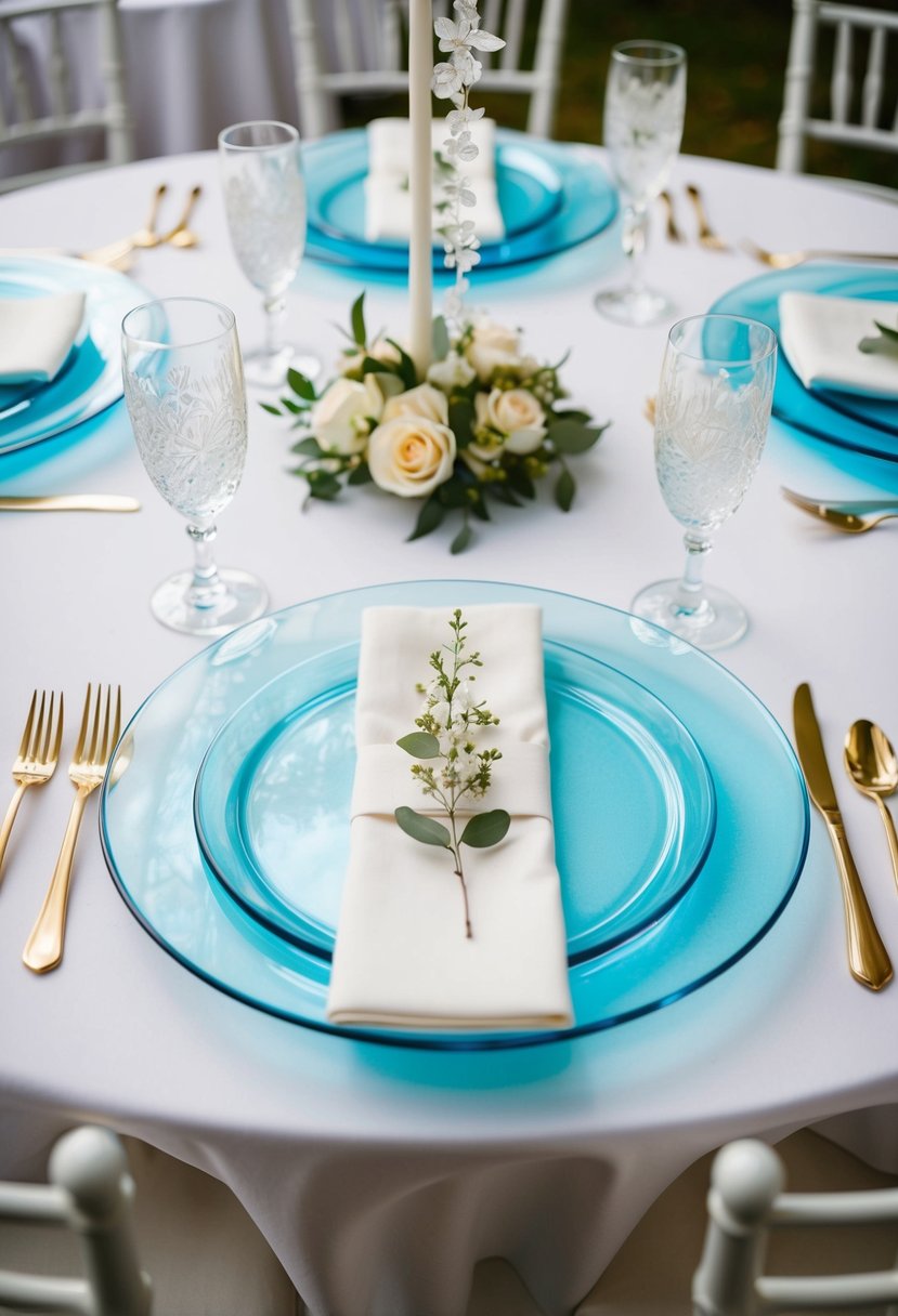 Light blue glass charger plates arranged on a wedding table with delicate decorations