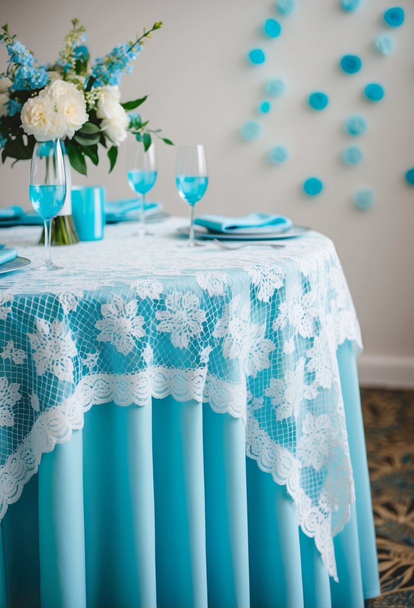 A powder blue tablecloth with a white lace overlay draped over a table, adorned with light blue wedding decorations