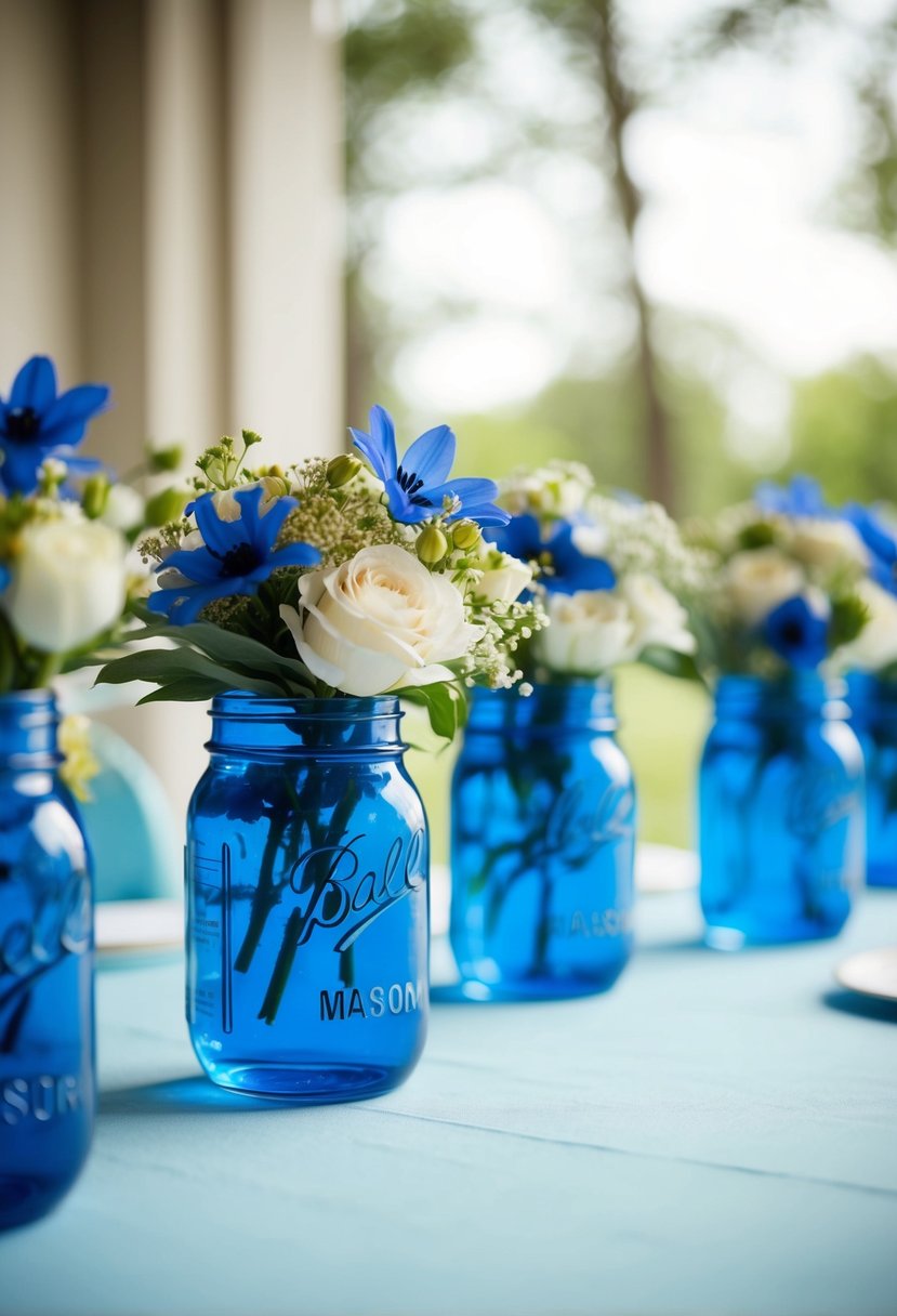 Blue mason jars filled with flowers on a light blue wedding table