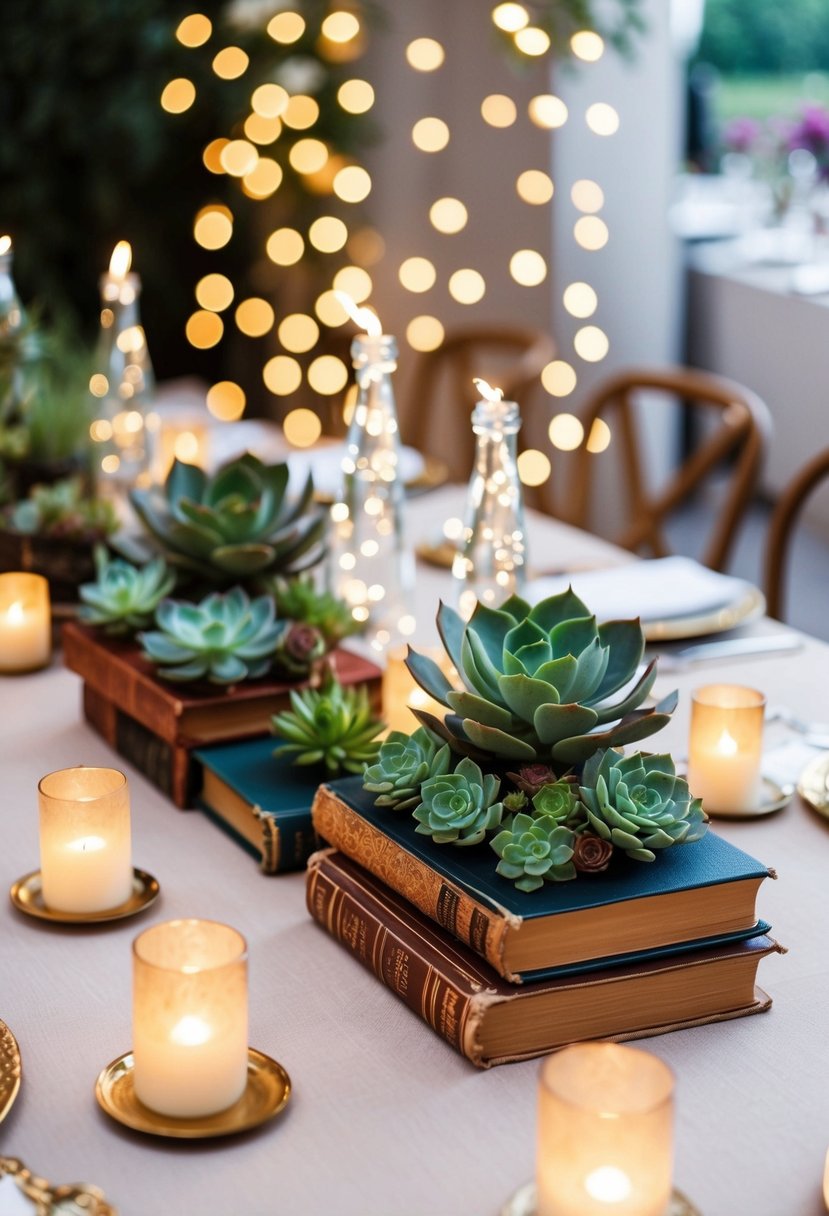 A table adorned with succulents, vintage books, and fairy lights, creating a whimsical and unconventional wedding centerpiece