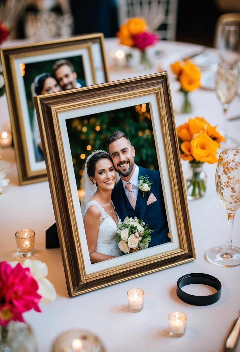 Vintage photo frames with happy couple moments, surrounded by unique wedding table decorations