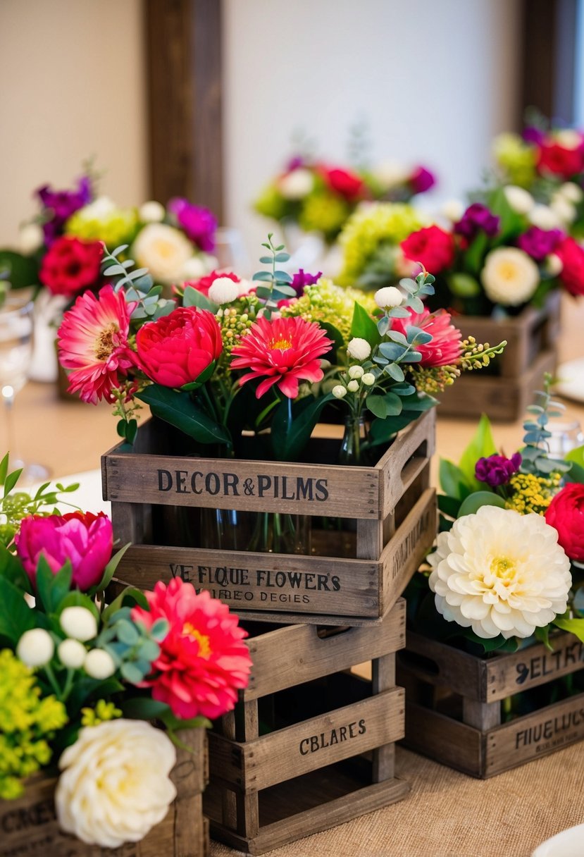 Antique crates filled with vibrant faux flowers, creating unique wedding table decorations