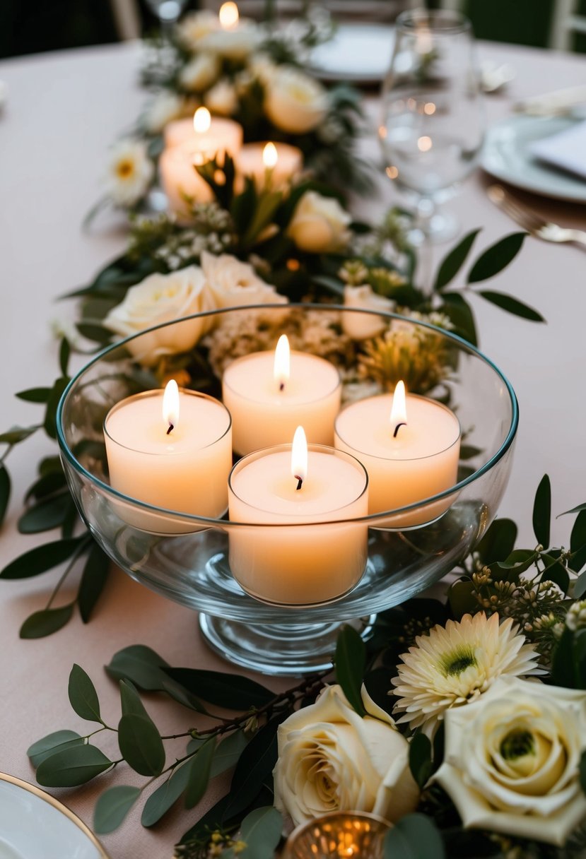 Floating candles in a glass bowl, surrounded by delicate flowers and greenery, create a serene and romantic wedding table centerpiece