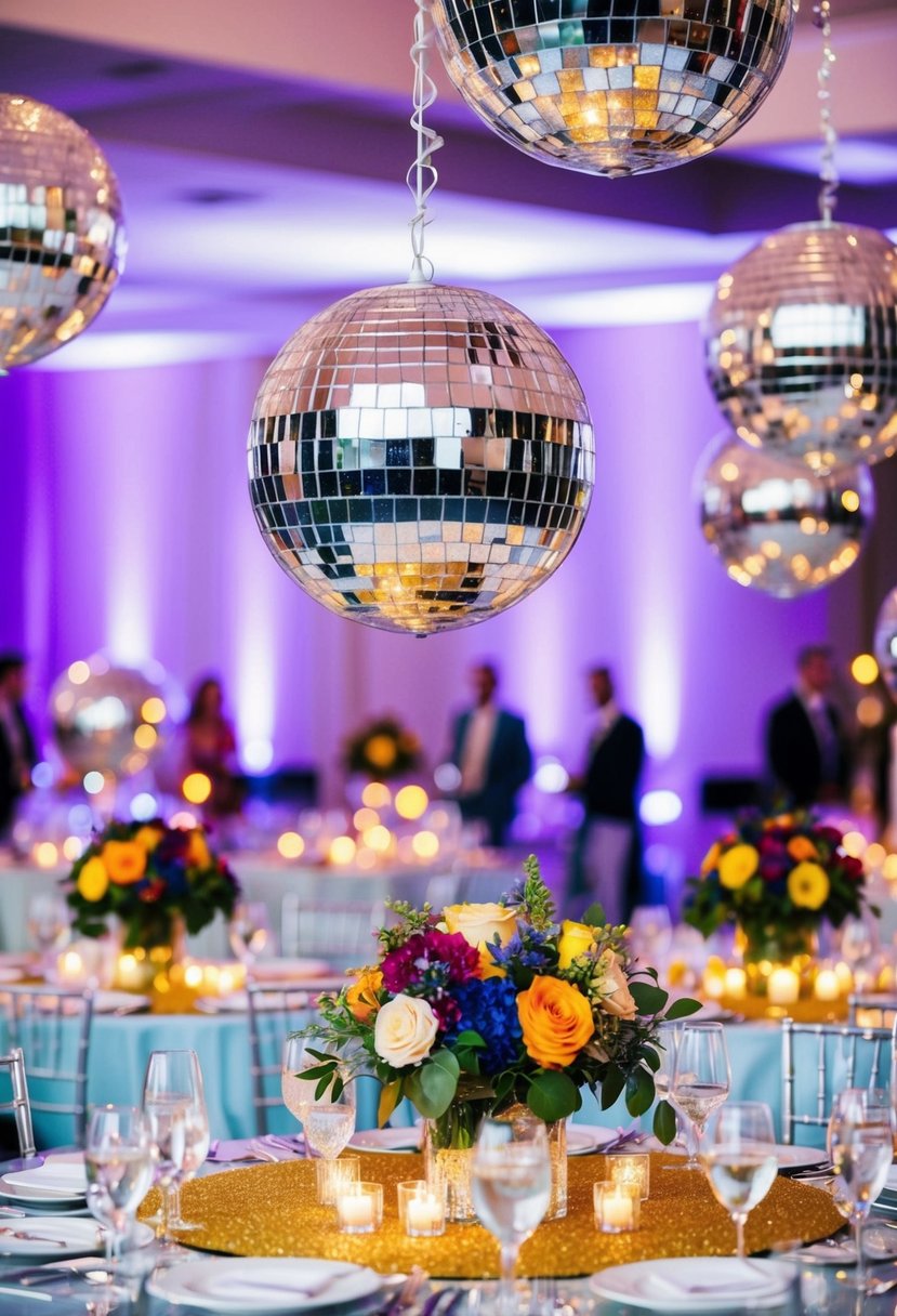 Disco balls hang above tables, reflecting light onto colorful centerpieces at a wedding reception