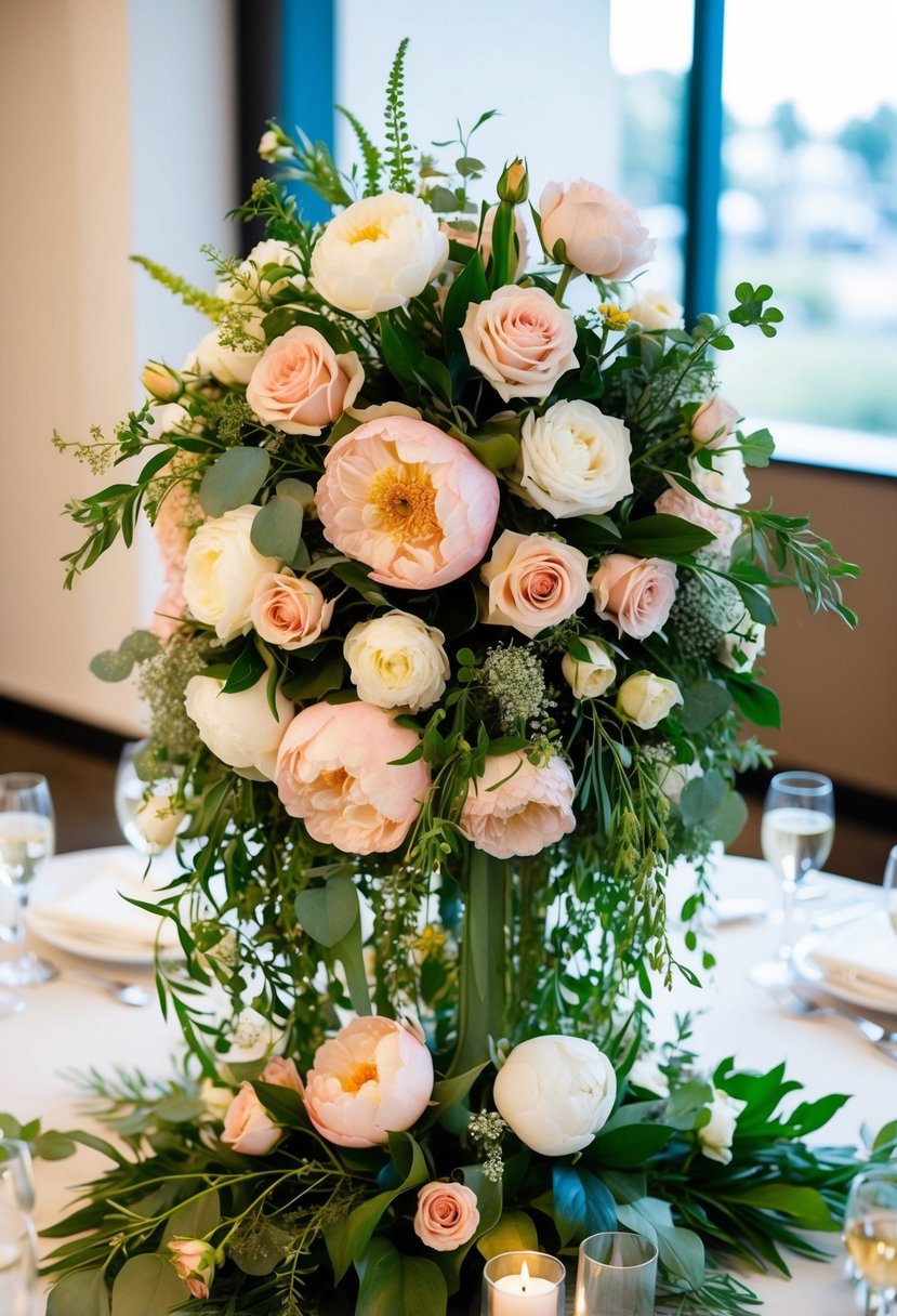 A lush, cascading floral centerpiece adorns a wedding table, featuring a mix of roses, peonies, and greenery in soft pastel hues