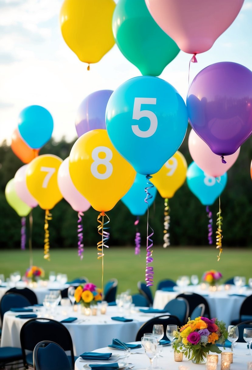 Colorful balloons float above each table, marking them with vibrant numbers for a unique wedding decoration