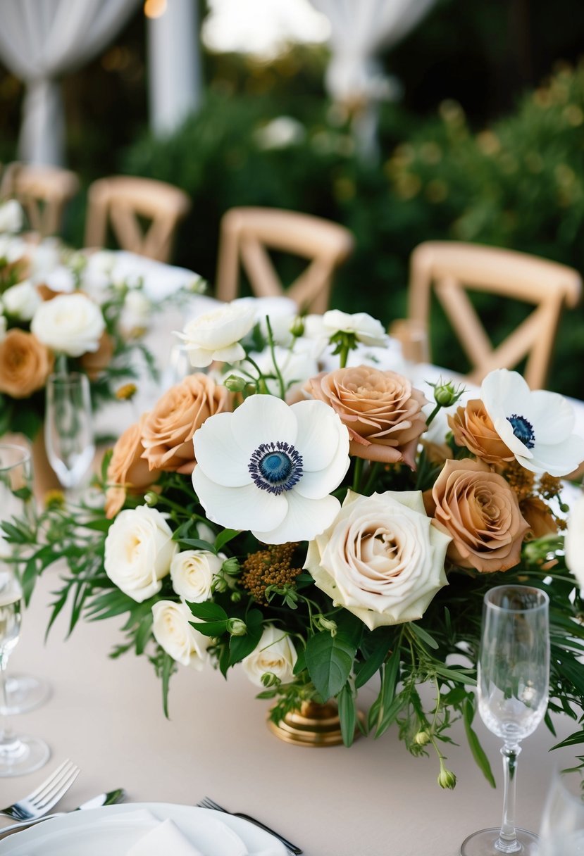 A lush floral centerpiece with anemones and garden roses, in white and caramel tones, adorns a wedding table