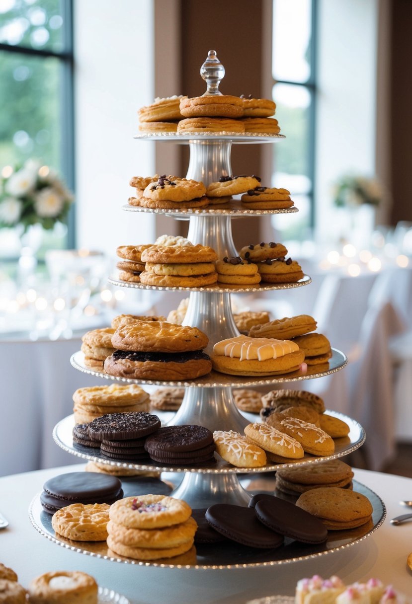 A tiered display of assorted pastries and cookies arranged in a decorative and unconventional manner on a wedding table