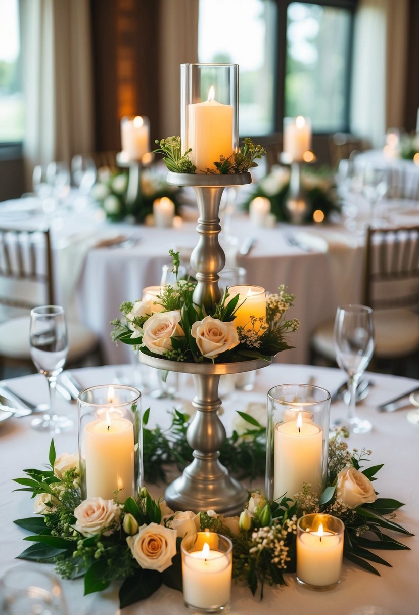 Three-tiered candle vases with small flower arrangements sit atop a wedding table, creating a beautiful and elegant centerpiece