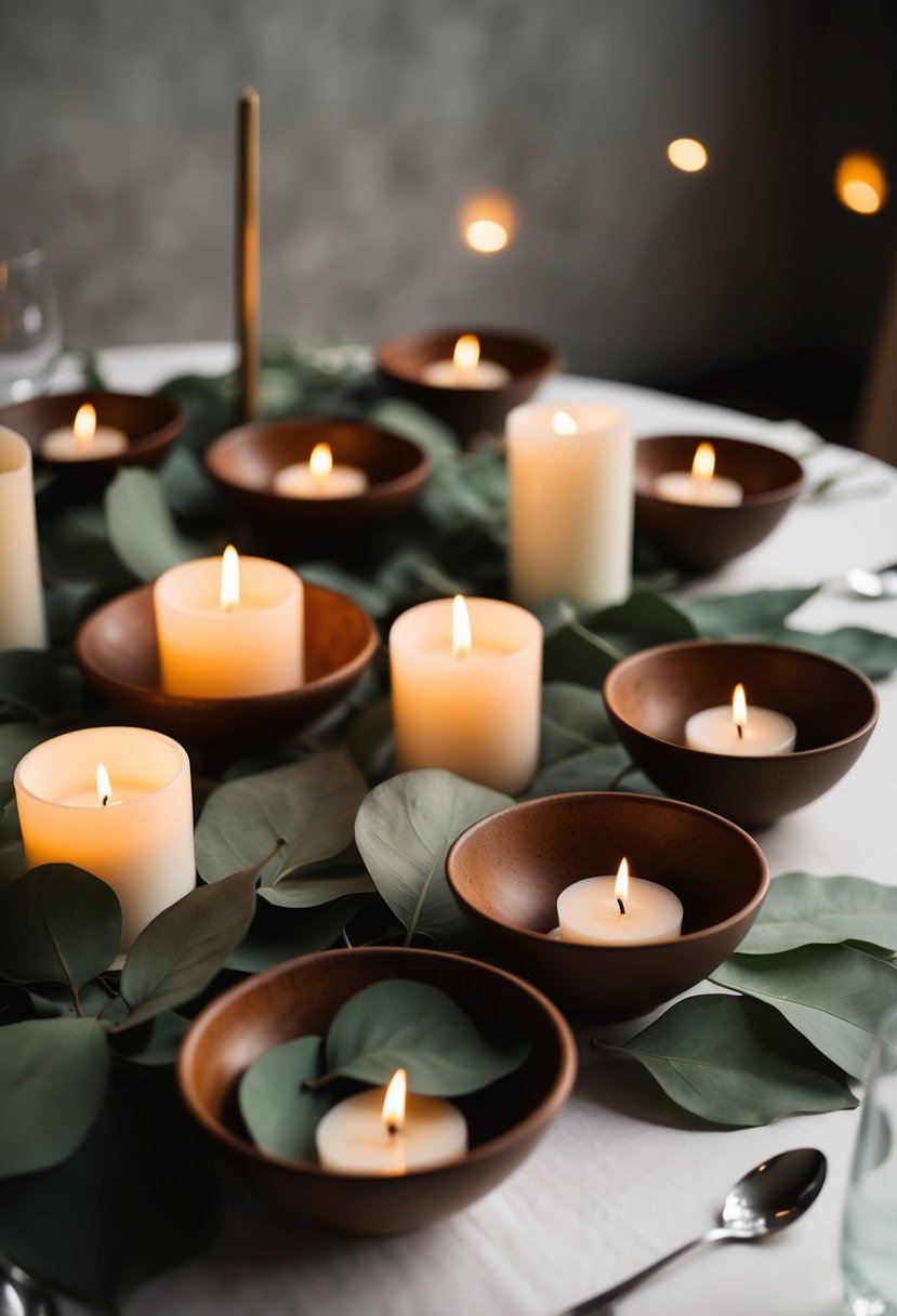 Silk leaves and candles mixed in bowls create a cozy, unusual wedding table decoration