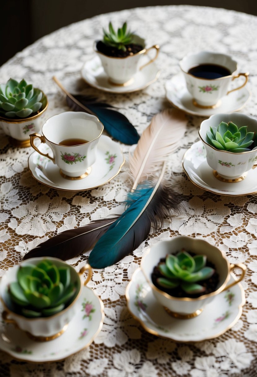 Feathers scattered among vintage teacups and succulents on a lace-covered table