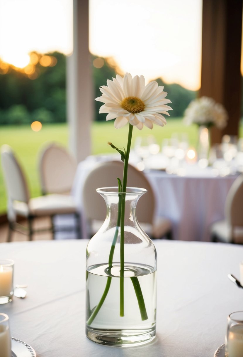 A simple glass vase holds a single flower, set on a wedding reception table