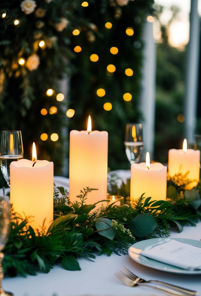 LED candles placed among lush greenery on a wedding table, creating a unique and enchanting atmosphere