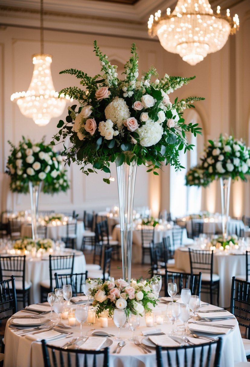 Tall floral centerpieces adorn elegant wedding tables in a grand, high-ceilinged venue