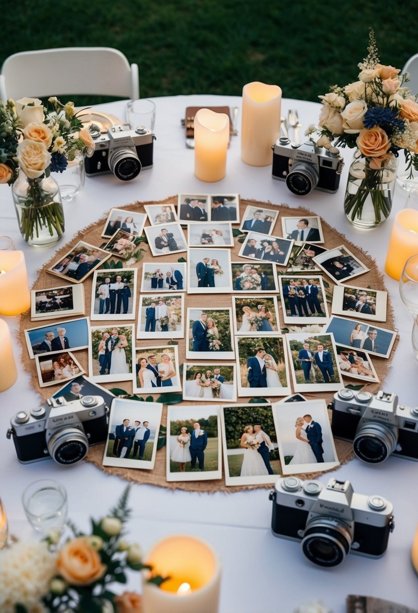 A tapestry of family photos arranged on a wedding table, surrounded by vintage cameras, flowers, and candles