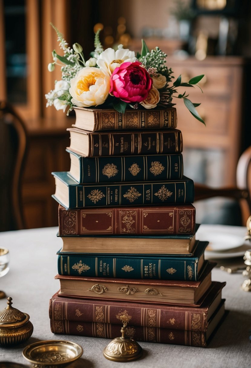 Antique books stacked with flowers and vintage trinkets as table decor