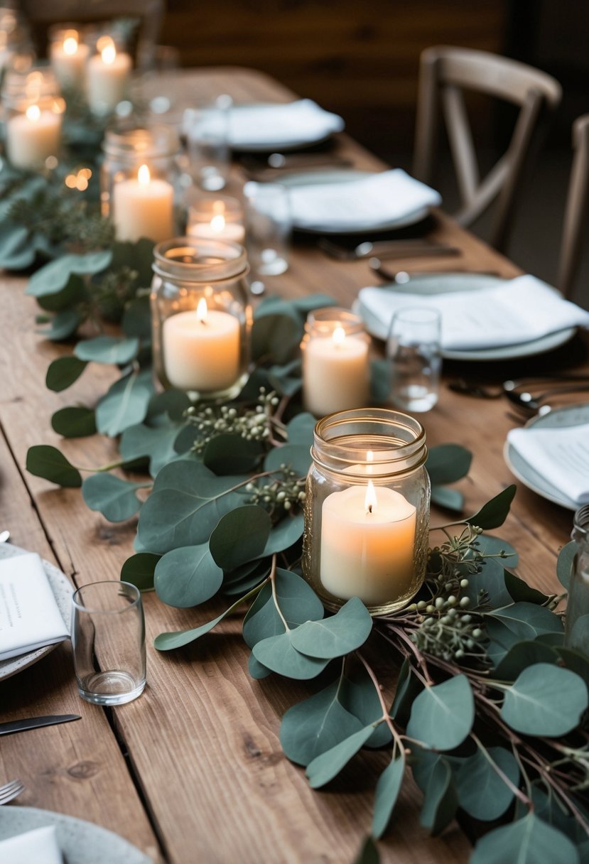 A rustic wooden table adorned with eucalyptus and floating candles in mason jars, creating a romantic and elegant wedding centerpiece