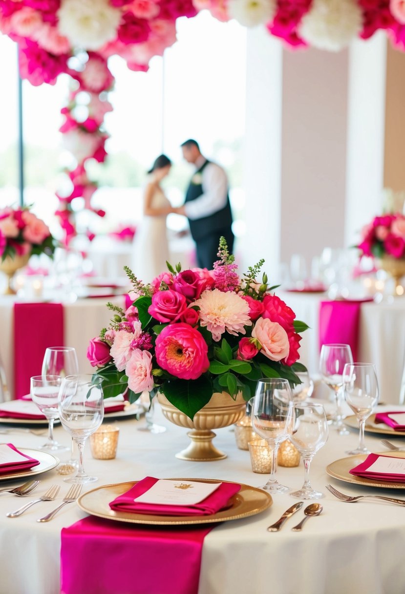 A table set with pink flower centerpieces and matching decor for a wedding celebration