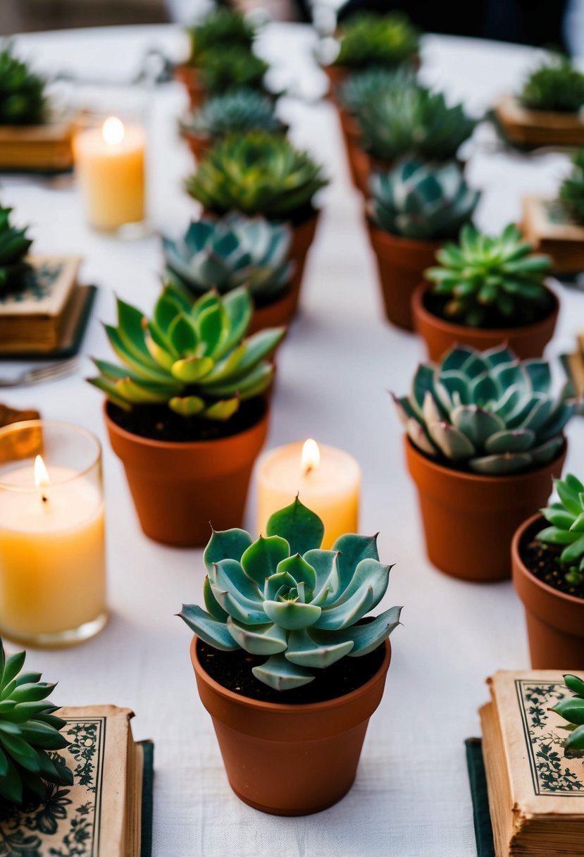 Succulents in small pots arranged on a wedding table, mixed with candles and vintage books for a unique and earthy centerpiece