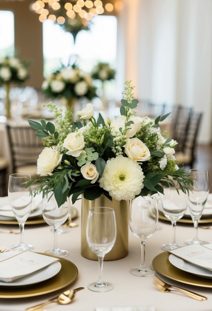 A table set with artificial floral centerpieces, creating a budget-friendly and elegant wedding decor