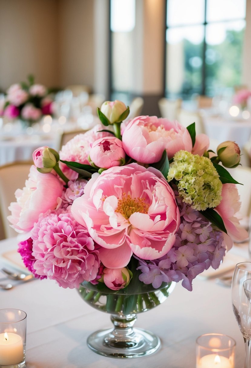 A lush arrangement of pink peonies and hydrangeas fills a glass vase, serving as a stunning centerpiece for a wedding reception table