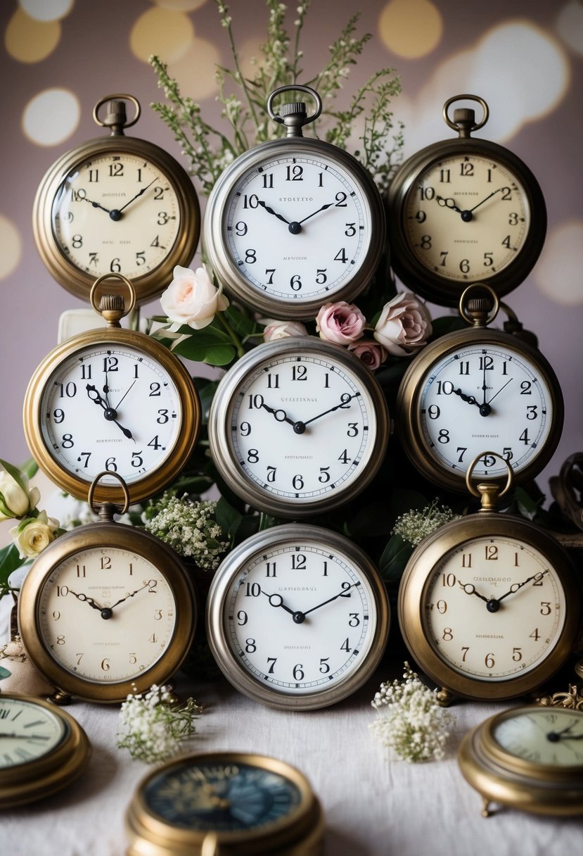 Vintage clocks arranged in a cluster, each set to a different time, surrounded by delicate floral arrangements and antique trinkets