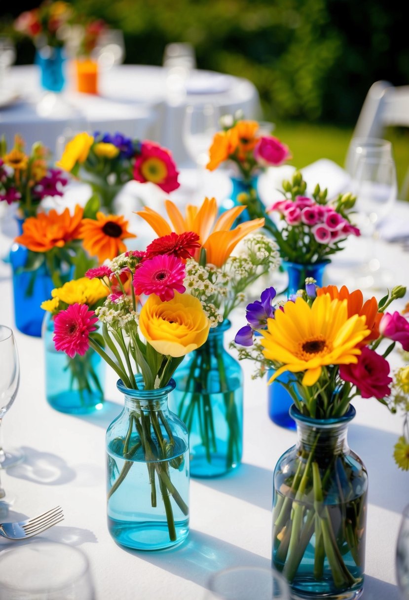 Colorful bud vases filled with assorted flowers arranged on a wedding table