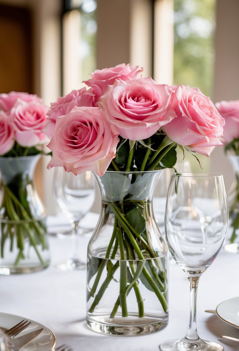 Glass vases hold pink roses, arranged on a wedding table, creating a romantic and elegant centerpiece