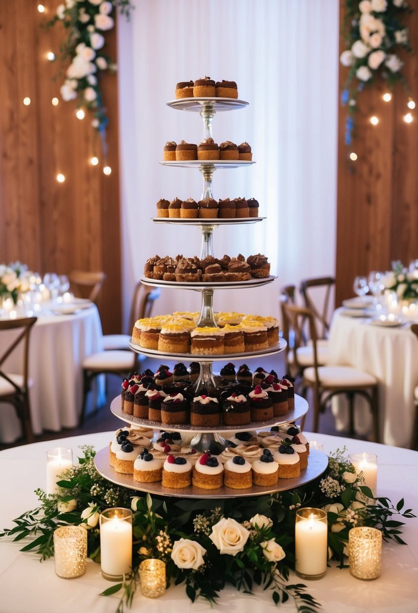 Tiered cake stands in varying heights display an array of desserts, surrounded by floral arrangements and candles on a wedding reception table