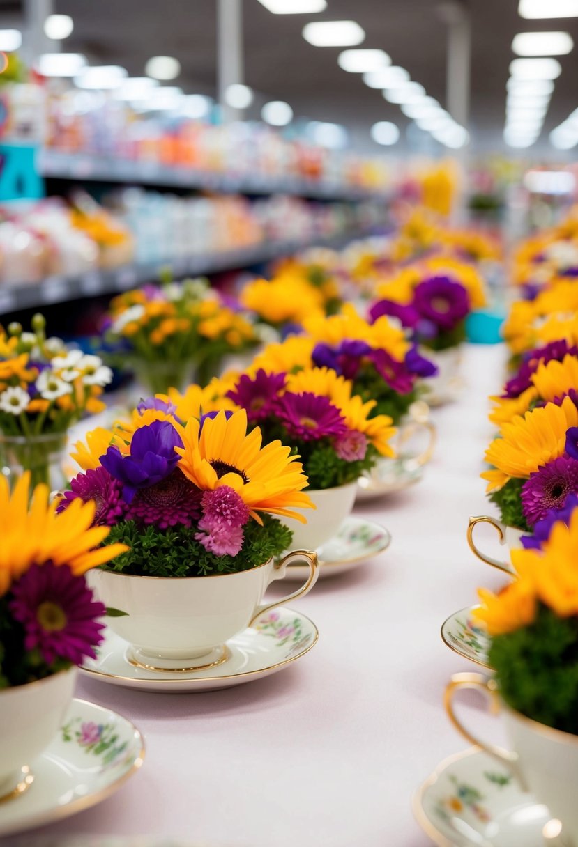 A collection of tea cups filled with vibrant flowers arranged on a table in a supermarket, serving as centerpieces for a wedding